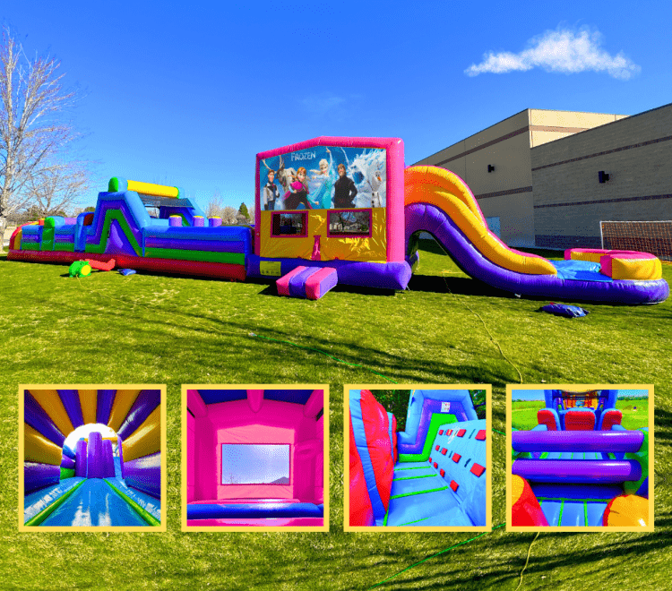 70ft Xtreme Pink Frozen Bounce & Slide Obstacle Madness 70ft Xtreme Pink Frozen Bounce & Slide Obstacle Madness